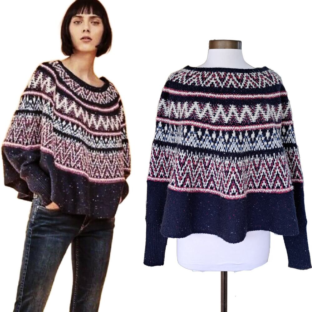 Anthropologie Sleeping on Snow Midland Nordic Fair Isle Cape Sweater XS/S Navy